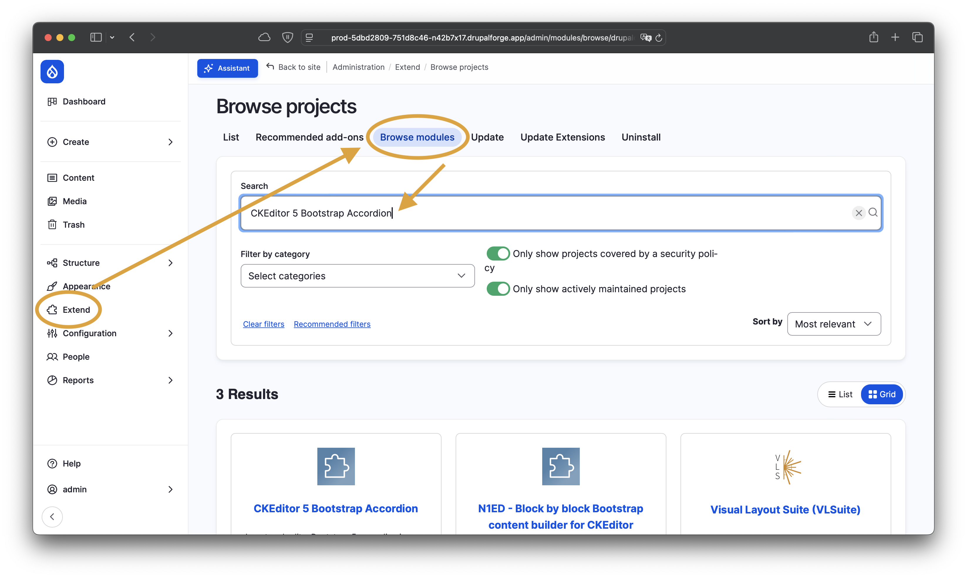 Screenshot shows the Drupal CMS “Browse projects” page with “Extend” and “Browse modules” circled, “CKEditor 5 Bootstrap Accordion” entered in the search